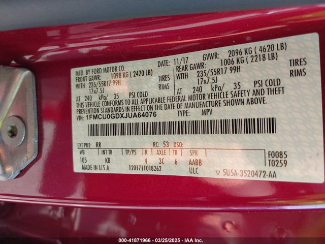1FMCU0GDXJUA64076 Ford ESCAPE SE