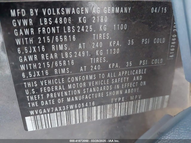 WVGAV7AX3FW605416 Volkswagen TIGUAN S