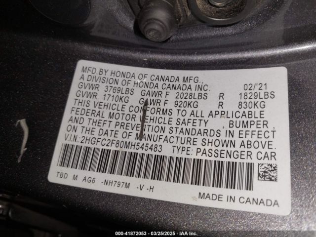 2HGFC2F80MH545483 Honda Civic Sport