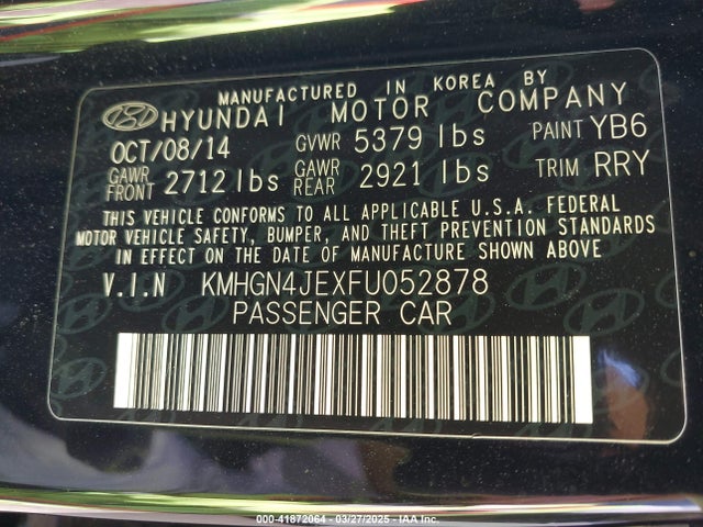 KMHGN4JEXFU052878 Hyundai Genesis 3.8