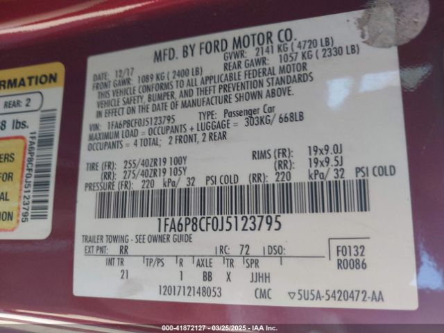 1FA6P8CF0J5123795 Ford MUSTANG GT