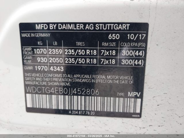 WDCTG4EB0JJ452806 Mercedes-Benz GLA 250