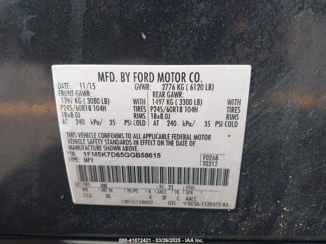 1FM5K7D85GGB58615 Ford EXPLORER XLT