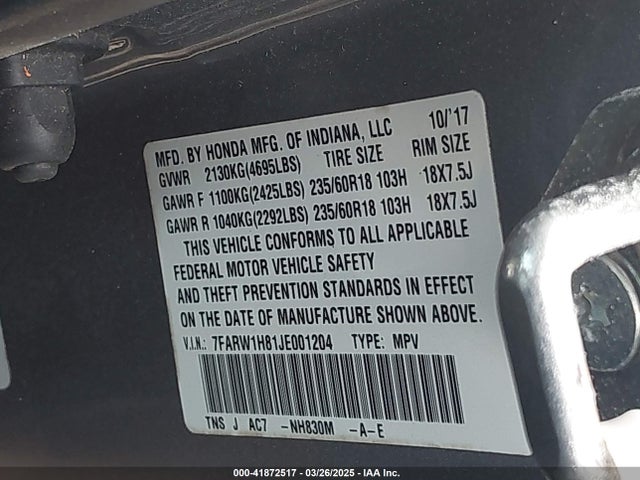 7FARW1H81JE001204 Honda Cr-v Ex-l/ex-l Navi