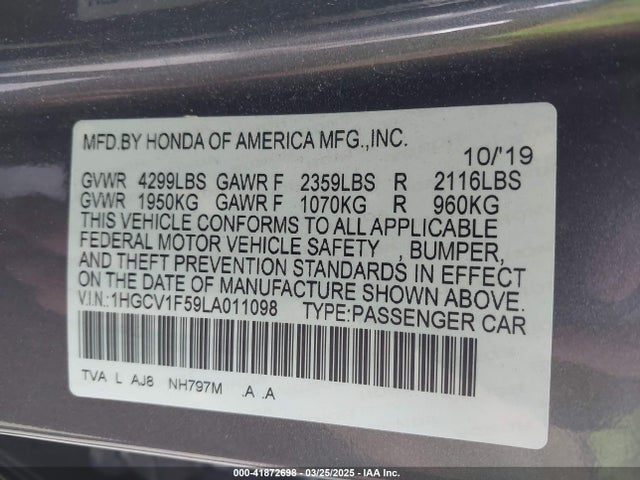 1HGCV1F59LA011098 Honda Accord Ex-l