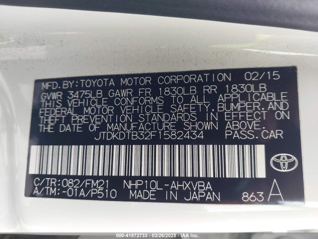 JTDKDTB32F1582434 Toyota 1nz-fxe+1lm