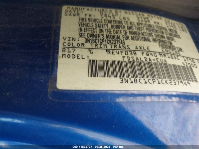 41872737 :رقم المزاد ، 3N1BC1CP1CK237949 vin ، 2012 Nissan Versa 1.8 S مزاد بيع