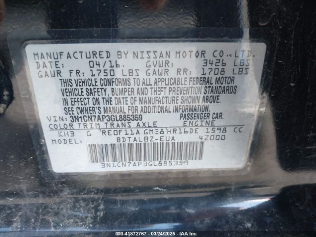 3N1CN7AP3GL885359 Nissan Versa 1.6 S/1.6 S+/1.6 Sl/1.6 Sv