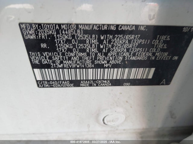 2T3WFREV9FW141364 Toyota Rav4 Xle