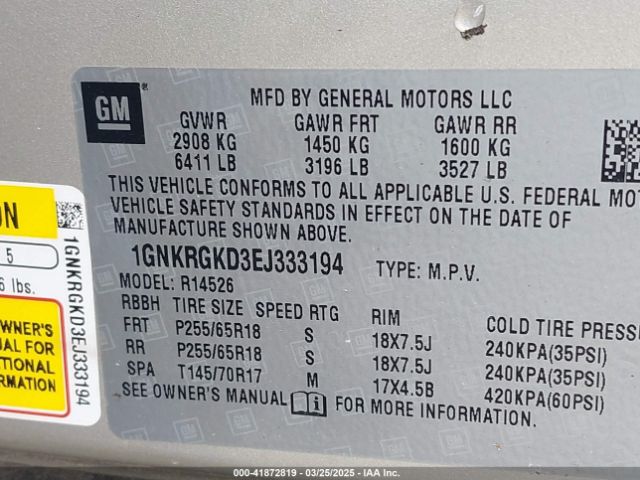 1GNKRGKD3EJ333194 Chevrolet Traverse 1lt
