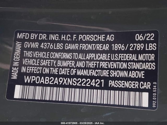 WP0AB2A9XNS222421 Porsche 911 Carrera 4 Gts/carrera 4s/carrera Gts/carrera S