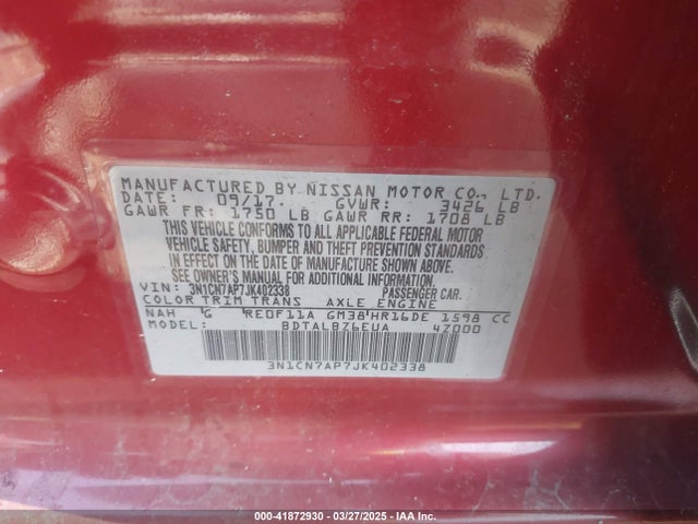 3N1CN7AP7JK402338 Nissan Versa 1.6 Sv