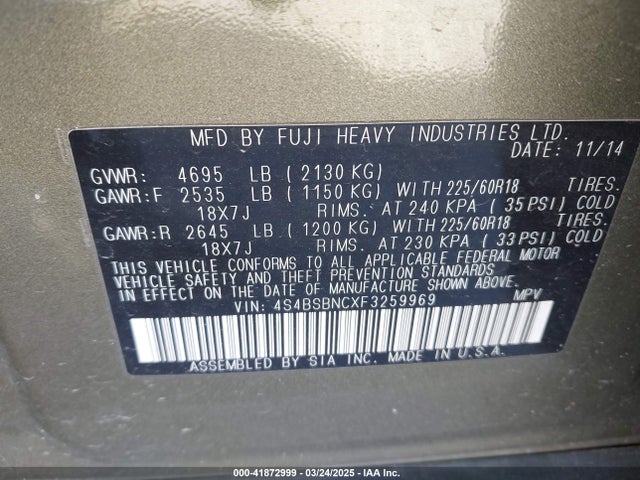 4S4BSBNCXF3259969 Subaru Outback 2.5i Limited