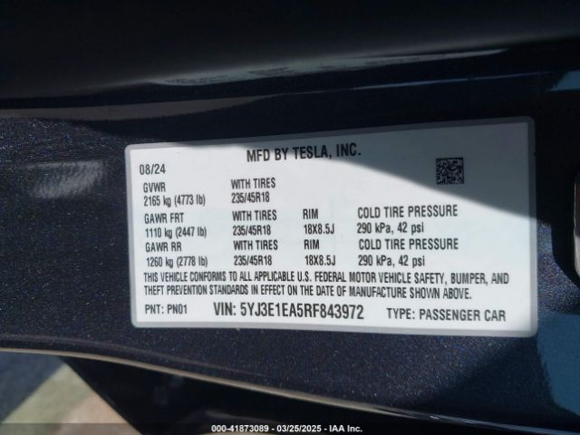 5YJ3E1EA5RF843972 Tesla MODEL 3