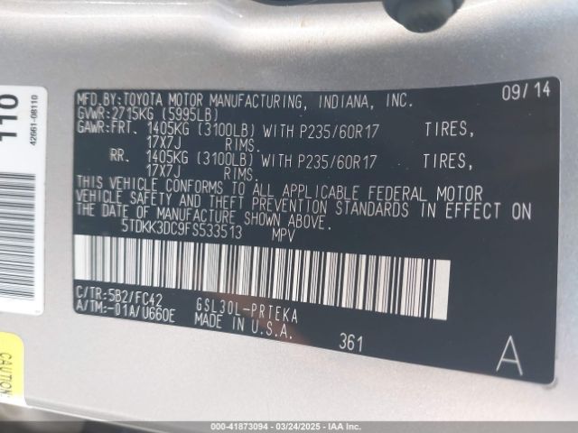 5TDKK3DC9FS533513 Toyota Sienna Le 8 Passenger
