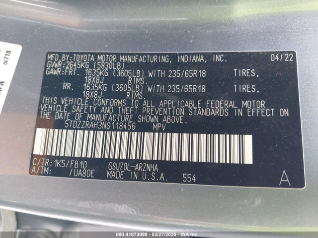 5TDZZRAH3NS118456 Toyota Highlander Le