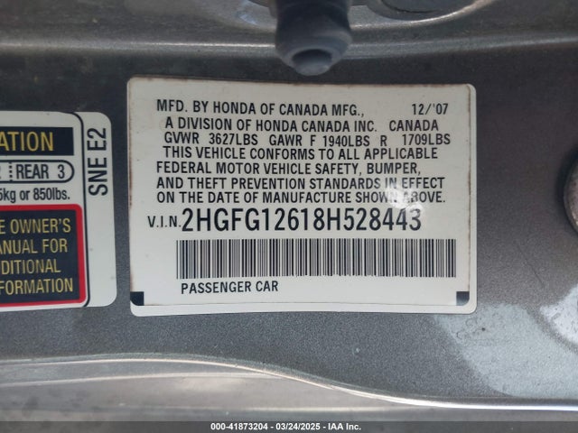 41873204 :رقم المزاد ، 2HGFG12618H528443 vin ، 2008 Honda Civic Lx مزاد بيع