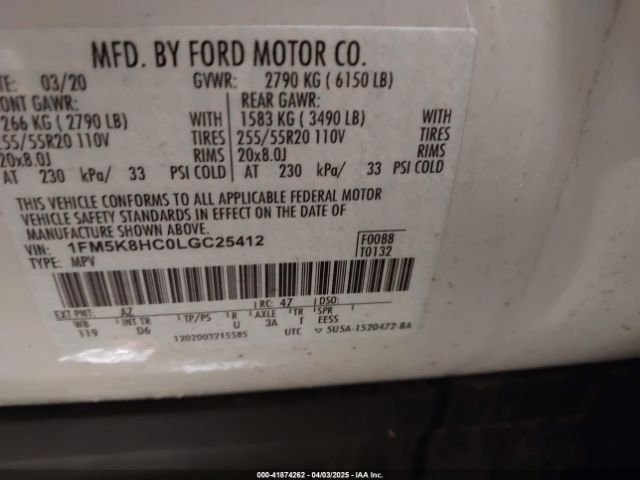 1FM5K8HC0LGC25412 Ford Explorer Platinum