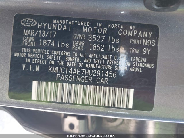 KMHCT4AE7HU291456 Hyundai ACCENT SE