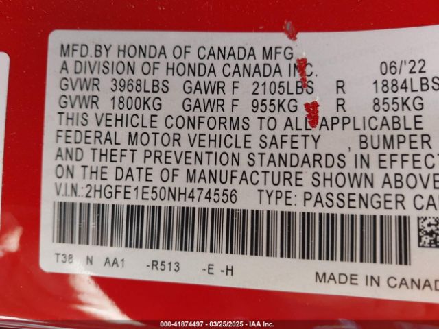 2HGFE1E50NH474556 Honda CIVIC SI SEDAN