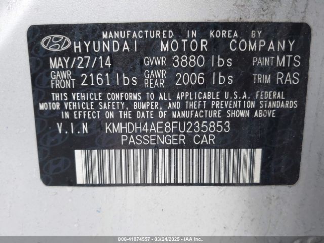 KMHDH4AE8FU235853 Hyundai ELANTRA SE