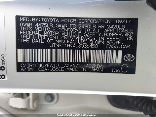 JTNB11HK4J3036450 Toyota CAMRY LE