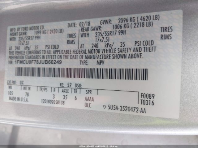 1FMCU0F78JUB60249 Ford ESCAPE S