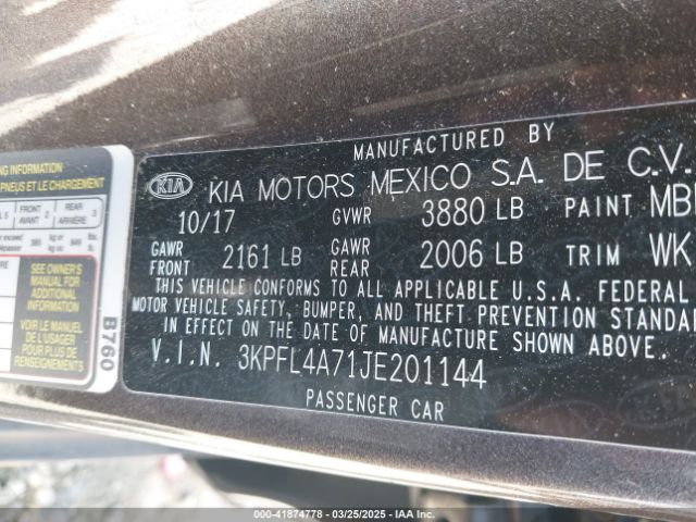 3KPFL4A71JE201144 KIA FORTE LX
