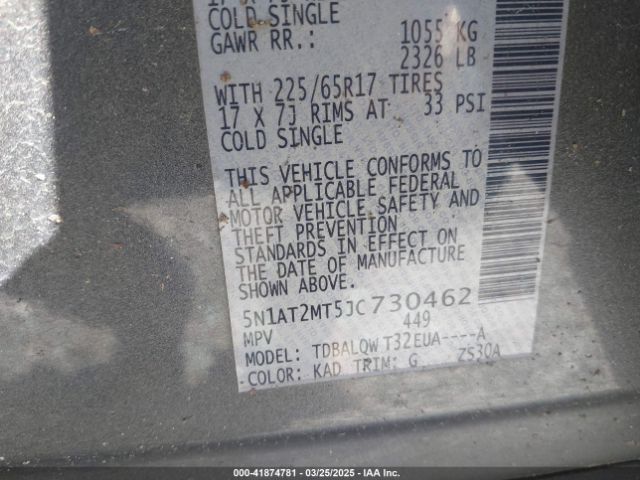 5N1AT2MT5JC730462 Nissan ROGUE SV