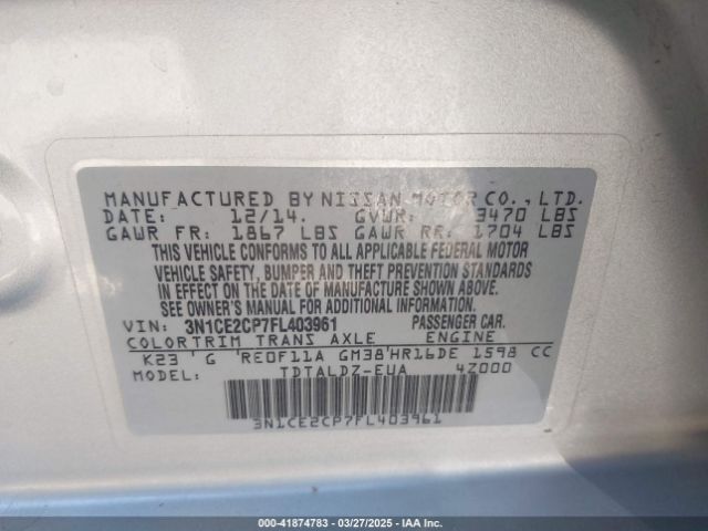 3N1CE2CP7FL403961 Nissan Versa Note S (sr)/s Plus/sl/sr/sv