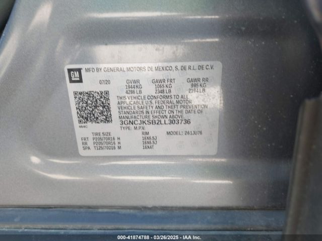 3GNCJKSB2LL303736 Chevrolet Trax Fwd Ls