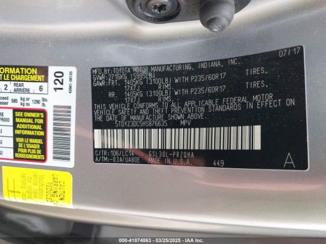 5TDYZ3DC5HS876635 Toyota Sienna Xle Premium 8 Passenger