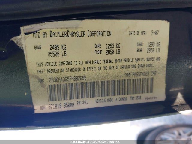 41874993 :رقم المزاد ، 2B3KA43G97H882699 vin ، 2007 Dodge Charger مزاد بيع