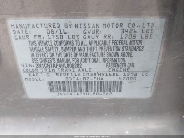 3N1CN7AP4HL806282 Nissan Versa