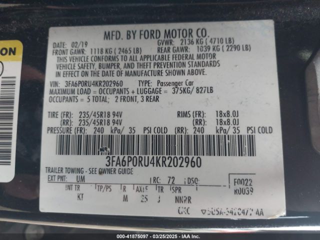 3FA6P0RU4KR202960 Ford Fusion Hybrid Titanium