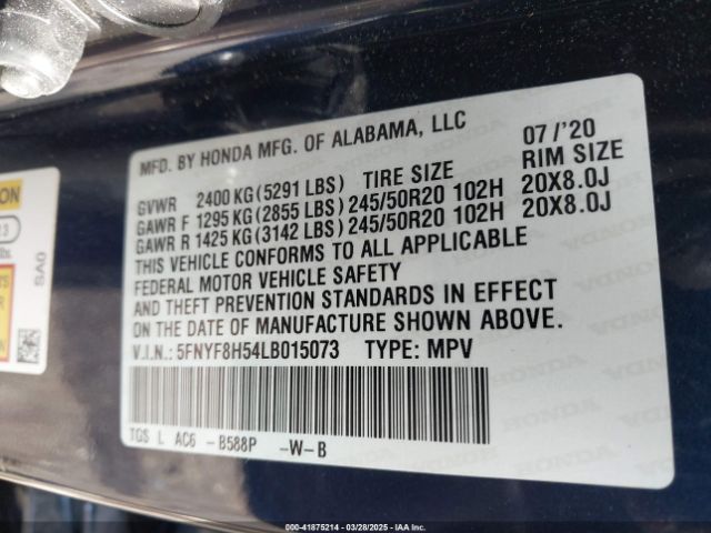 5FNYF8H54LB015073 Honda Passport Awd Ex-l