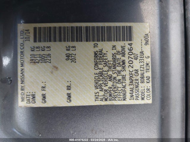 Nissan Altima 2.5 S 2015 1N4AL3APXFC207064 Image 9