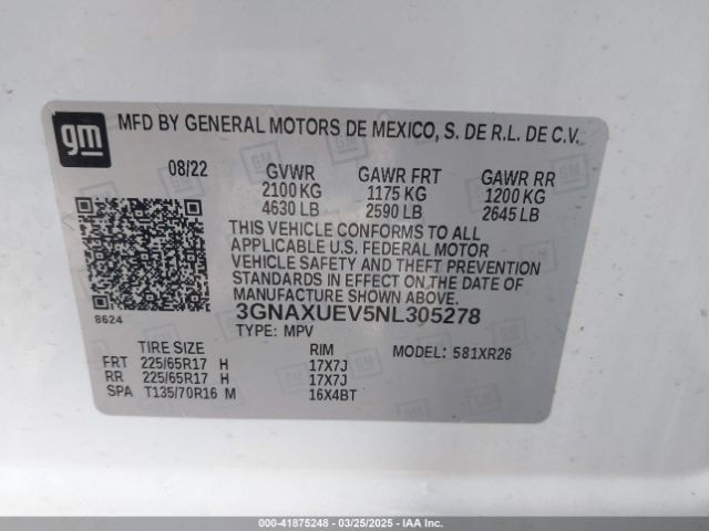 3GNAXUEV5NL305278 Chevrolet Equinox Awd Lt