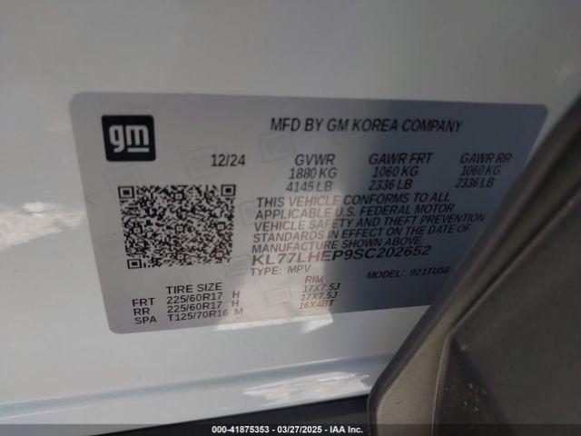 KL77LHEP9SC202652 Chevrolet Trax Fwd Lt