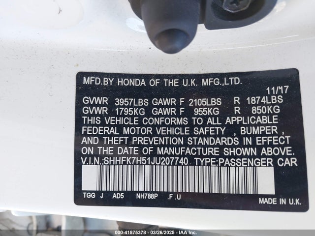SHHFK7H51JU207740 Honda CIVIC EX
