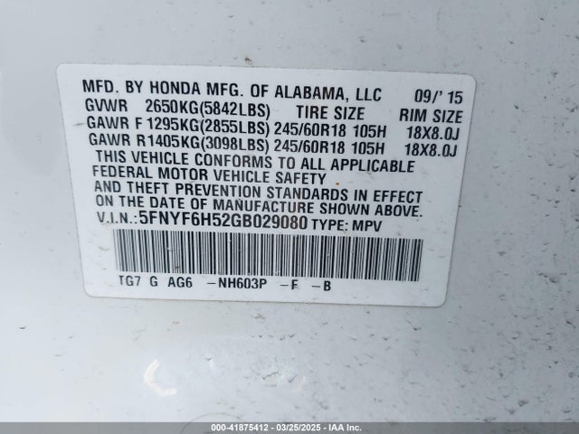 5FNYF6H52GB029080 Honda Pilot Ex-l