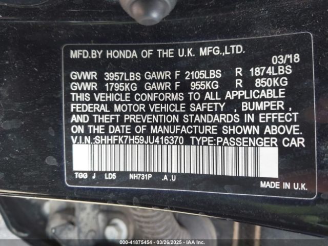 SHHFK7H59JU416370 Honda CIVIC EX