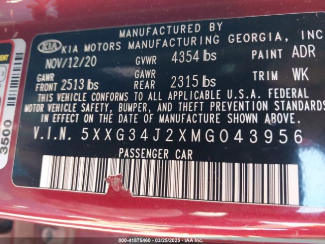5XXG34J2XMG043956 KIA K5 EX