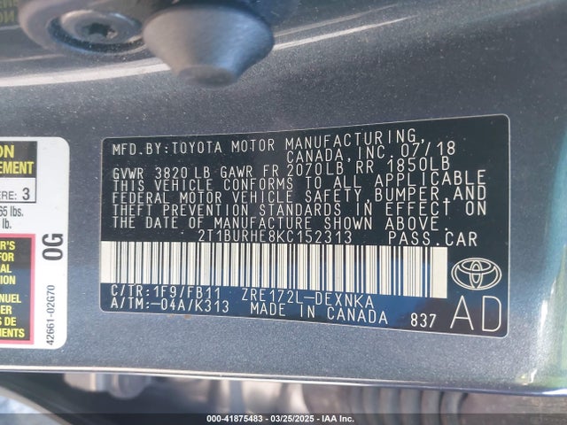 2T1BURHE8KC152313 Toyota COROLLA LE