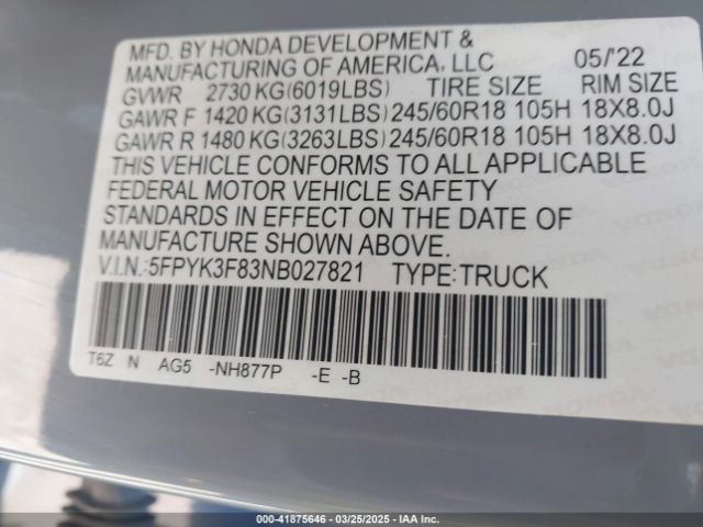 5FPYK3F83NB027821 Honda Ridgeline Black Edition
