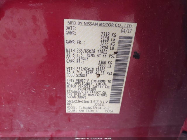 5N1AZ2MG1HN157317 Nissan MURANO SL