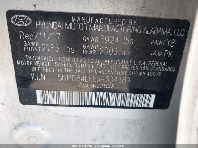 5NPD84LF8JH304389 Hyundai Elantra Value Edition