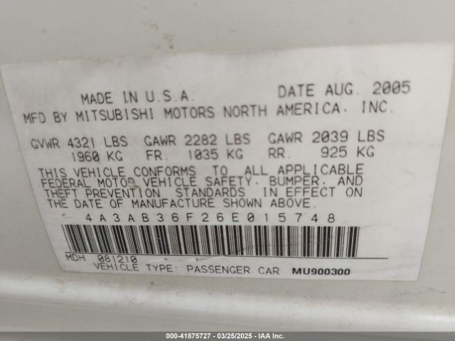 2006 MITSUBISHI GALANT 4A3AB36F26E015748 Photo 8