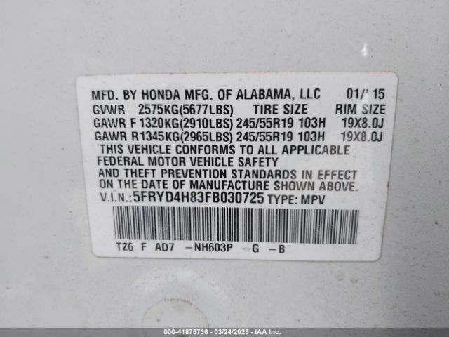 5FRYD4H83FB030725 Acura Mdx Advance Pkg W/entertainment Pkg