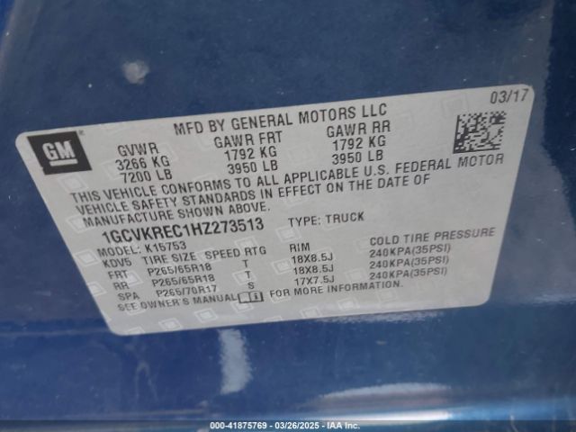 1GCVKREC1HZ273513 Chevrolet Silverado 1500 1lt
